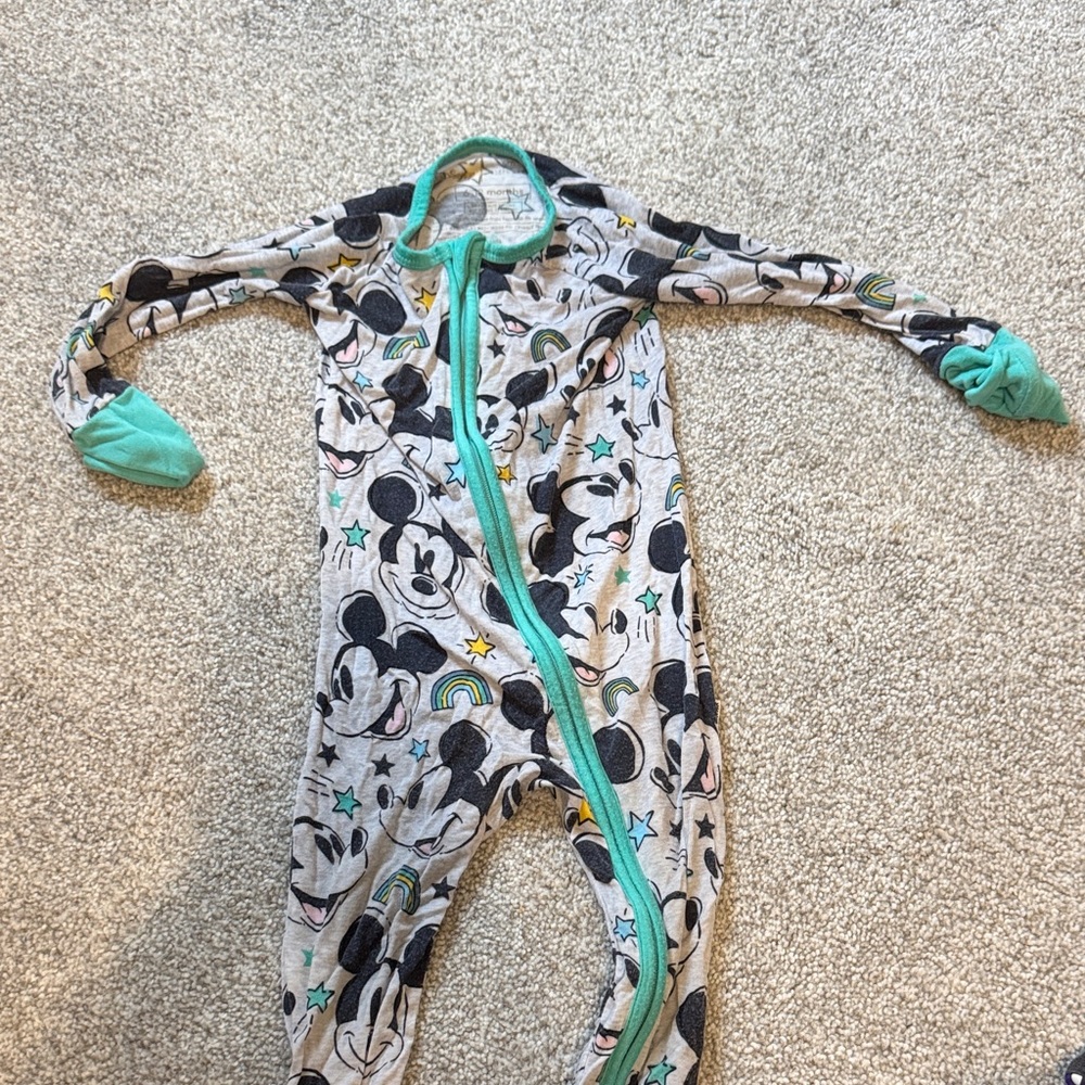 Little Sleepies Grey Mickey Mouse One-Piece Footie Pajamas with Teal Trim
